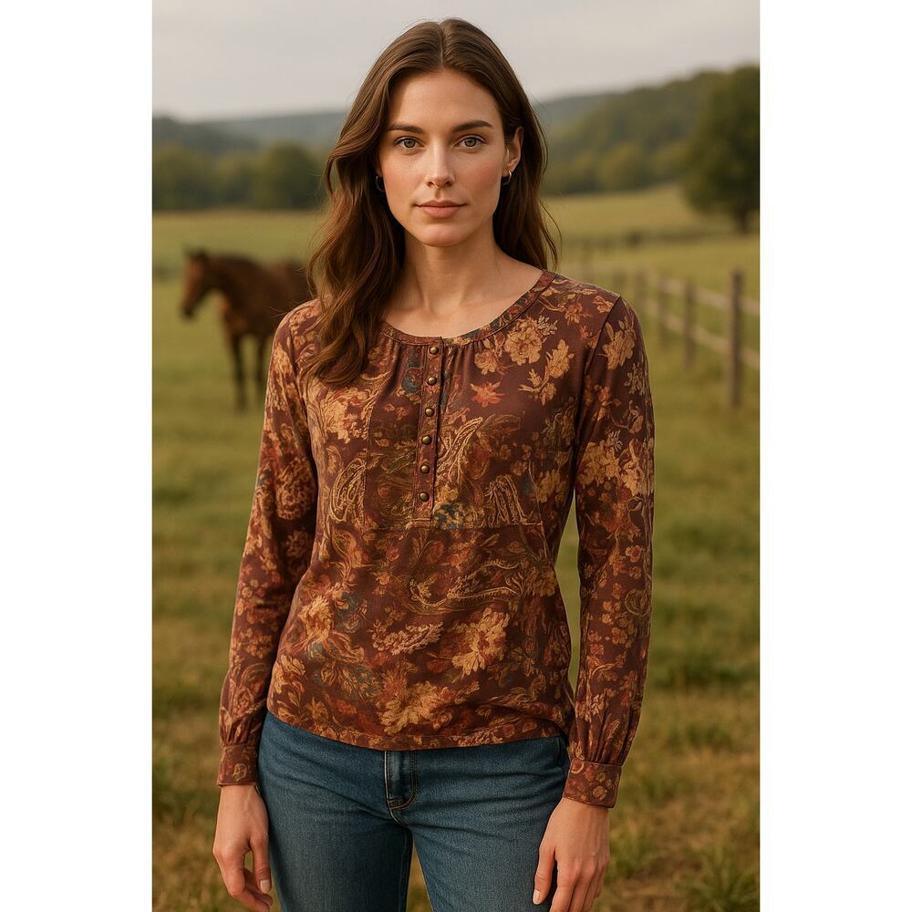 Lauren Ralph Lauren Petite Paisley Floral Button Front Top Small/Petite in Brown